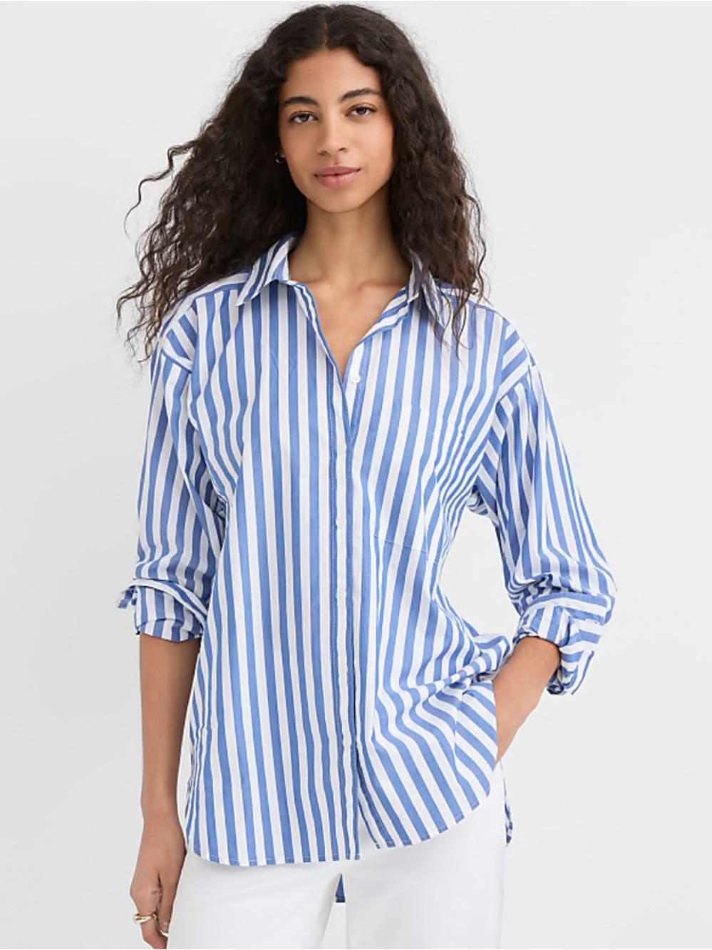 LOFT Striped Poplin Everyday Oversized Pocket Shirt Blue White Stripes Size S